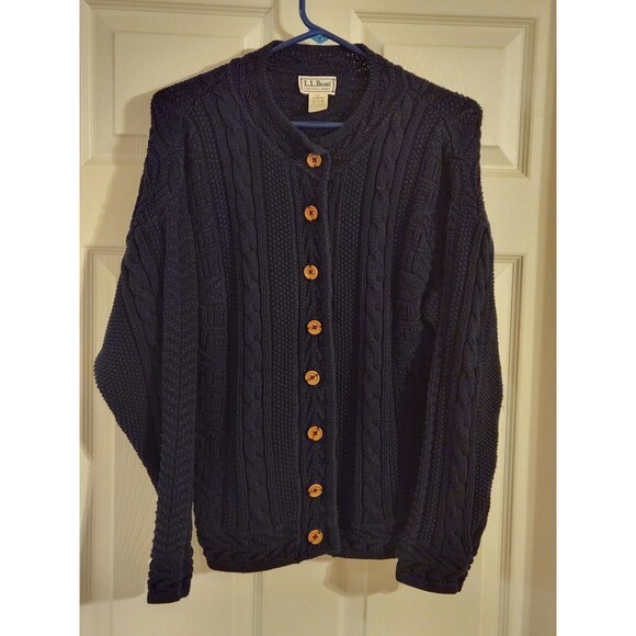 L.L. BEAN Vintage Women Medium Cable Knit Button Down Black Cardigan Sweater - Picture 1 of 3